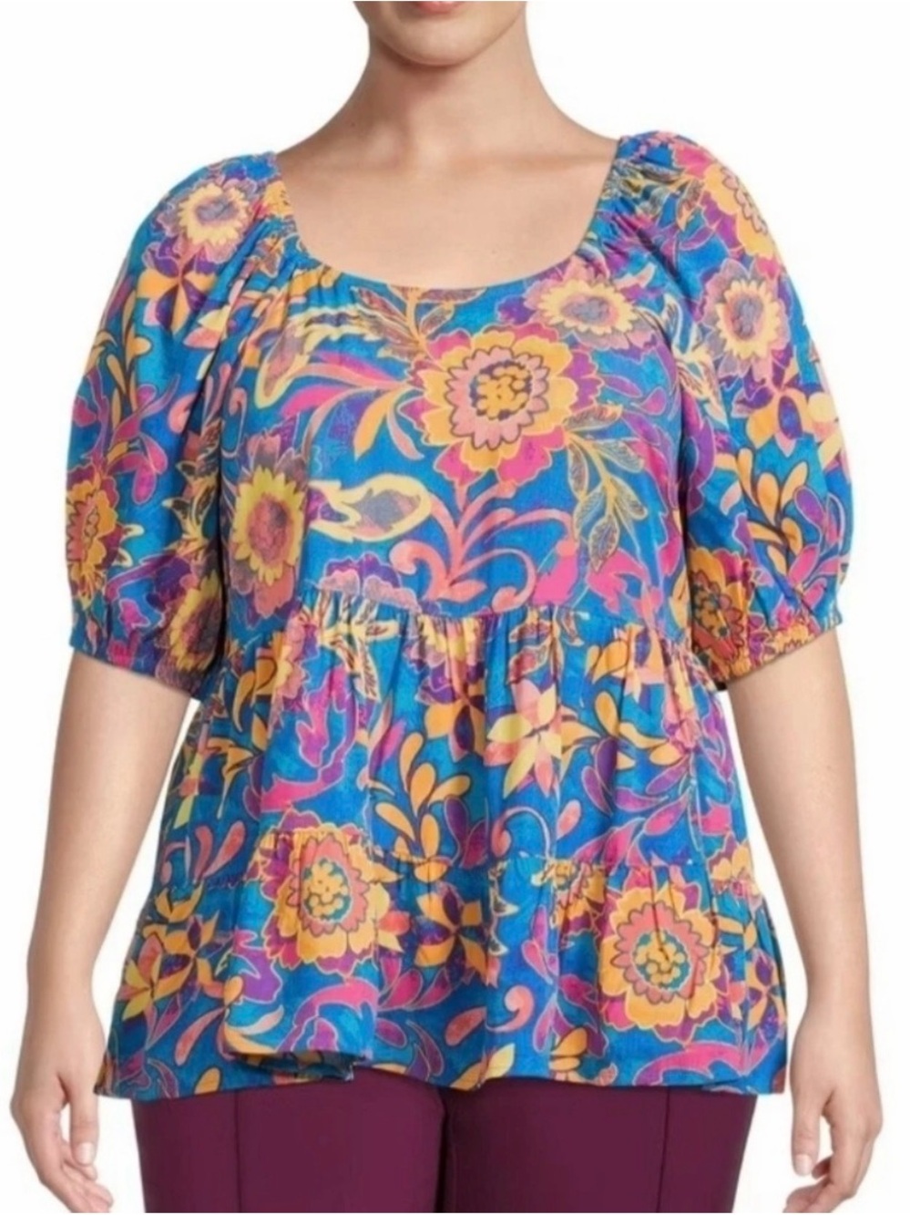Terra & Sky Floral Babydoll Blouse 3X Puff Sleeve Boho